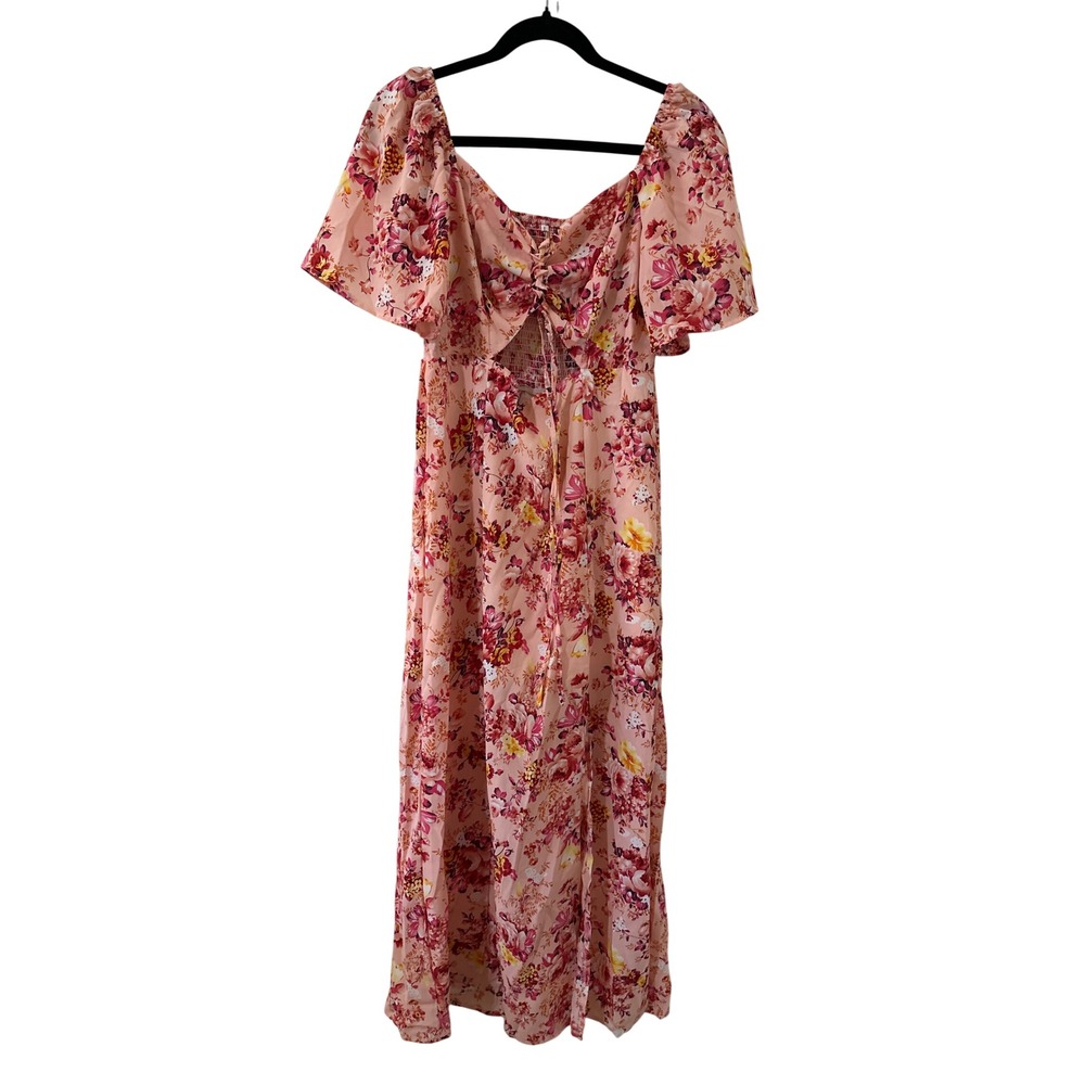 Pink Floral‎ Tie Front Cutout Smocked Back Maxi Dress with Slit L Cottagecore